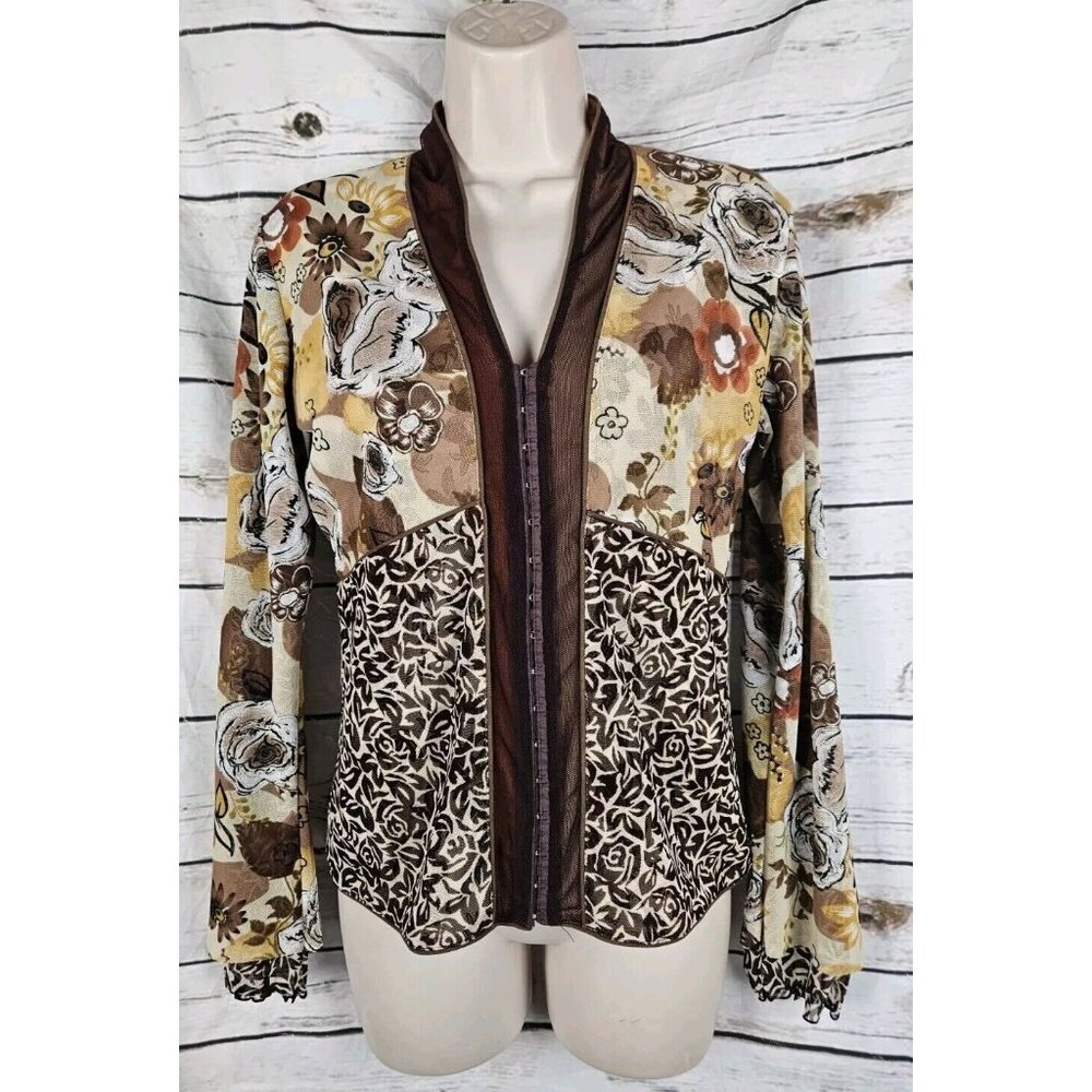 Anac Brown Floral Mesh Layered Top Tunic L Art to Wear Hook Eye 90's Y2K